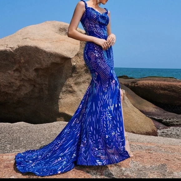 Blue, V Neck, Tank, Backless,Contrast Sequined Mermaid Maxi Gown Blue, V Neck, Tank, Backless,Contrast Sequined Mermaid Maxi Gown